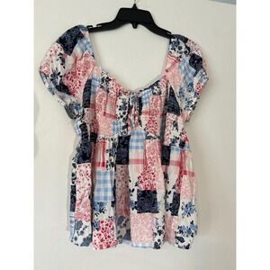 Y2K Babydoll Patchwork Peasant Top Square Neck Smocked Floral Paisley Boho XXXL‎